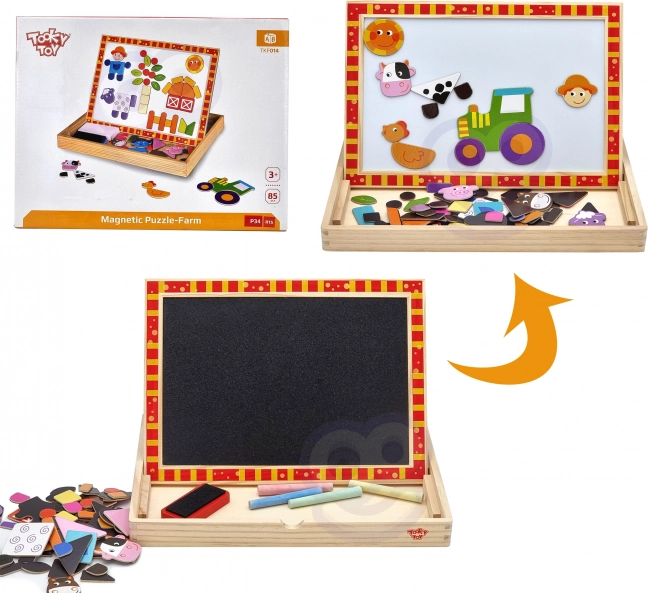 Drevená obojstranná tabuľa Tooky Toy Farma s magnetickými puzzlami