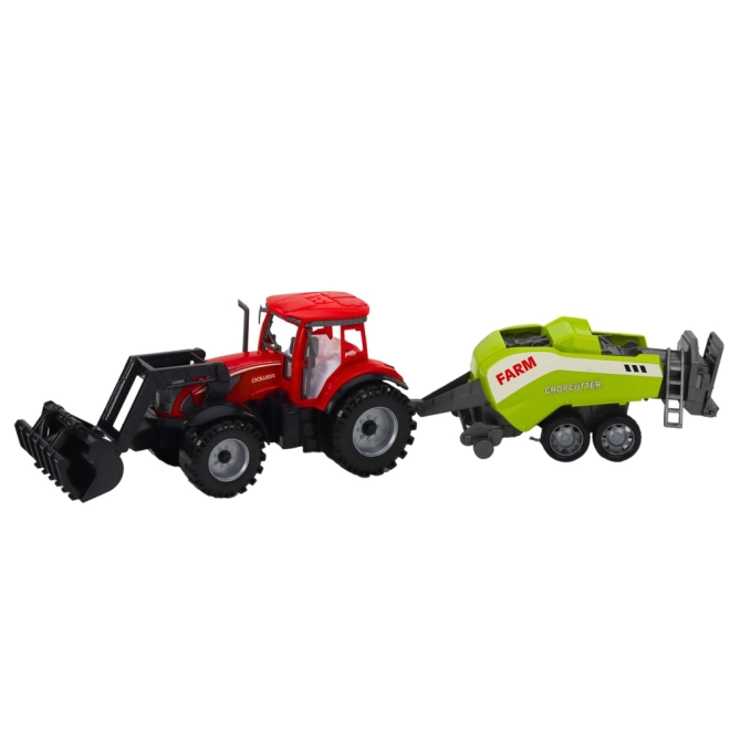 Červený traktor s nakladačom a balíkovačom