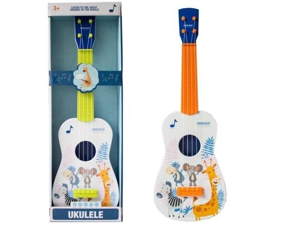 Oranžové ukulele s africkým zvieracím motívom