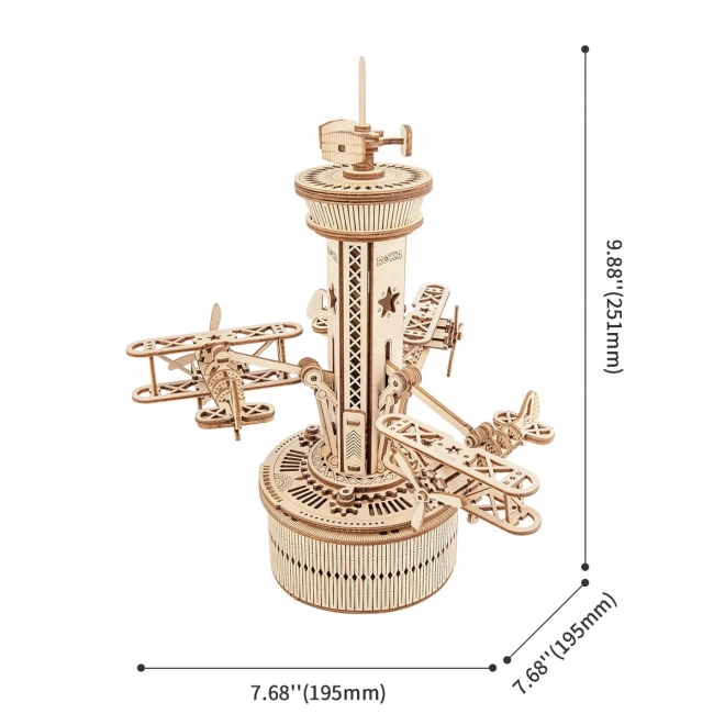 3D drevené puzzle riadiaca veža letovej prevádzky hudobná skrinka