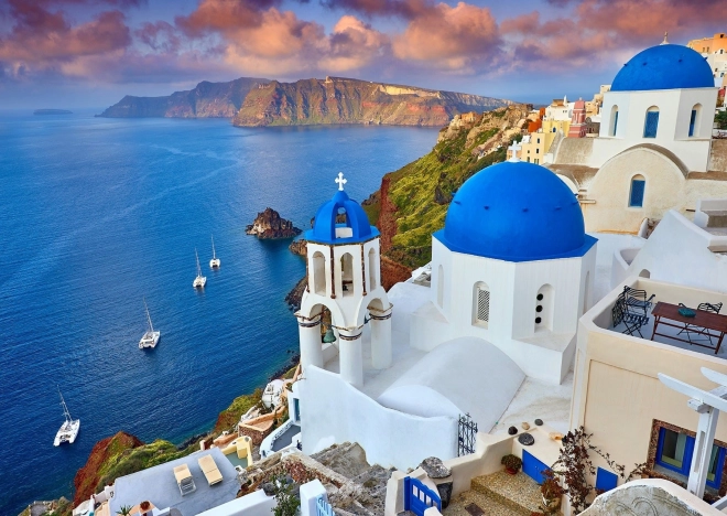 Puzzle Santorini - Výhľad na lode, Grécko 1000 dielikov