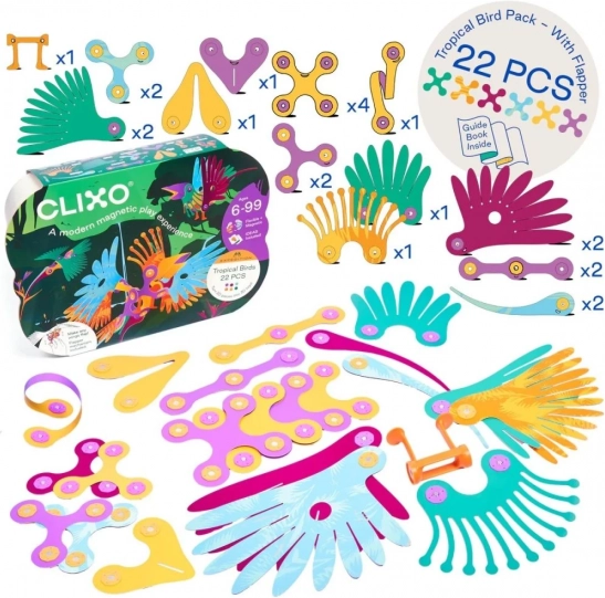 Magnetické stavebnice Clixo - Tropickí vtáci - 22 dielov