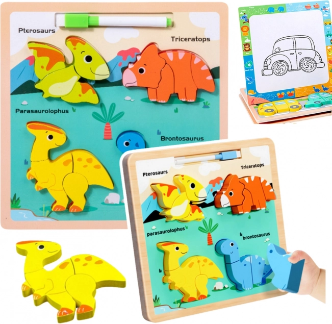 Drevená vzdelávacia skladačka Dinosaury s kresliacou tabuľou