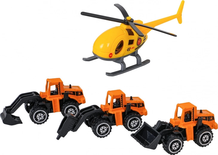 3 kovové stavebné autá a helikoptéra