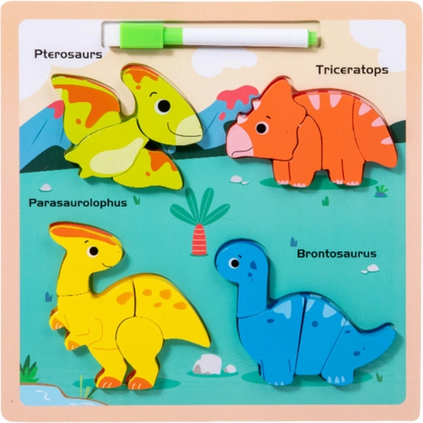 Drevená vzdelávacia skladačka Dinosaury s kresliacou tabuľou