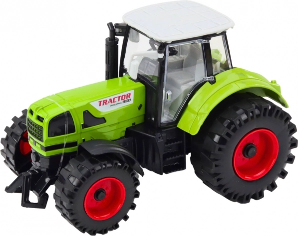 Traktor s prívesom na zotrvačník, otváracia kapota a dvere, zelený