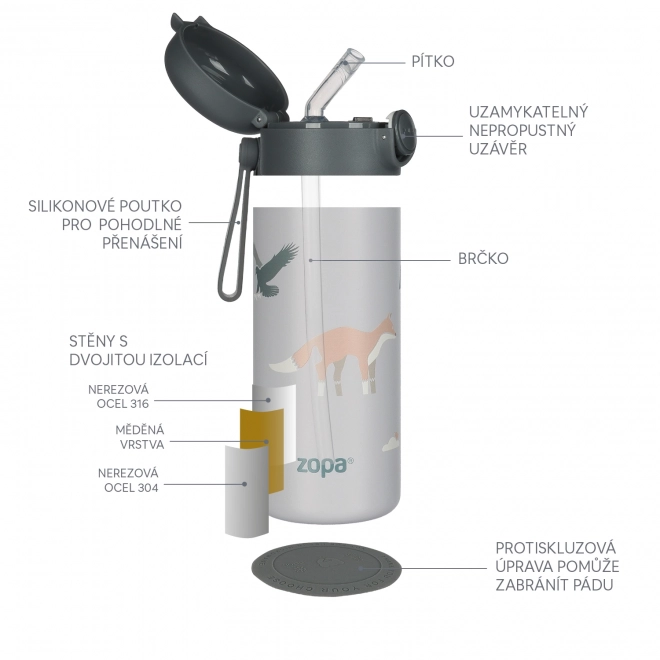 Termoska na tekutiny Safari so silikónovým pítkom a držiakom 350ml