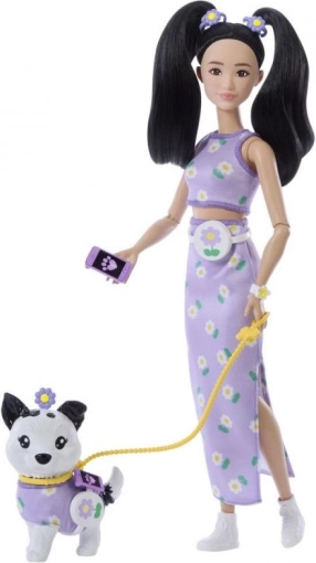 barbie dvojitý outfit kvety – bábika so psíkom a doplnkami