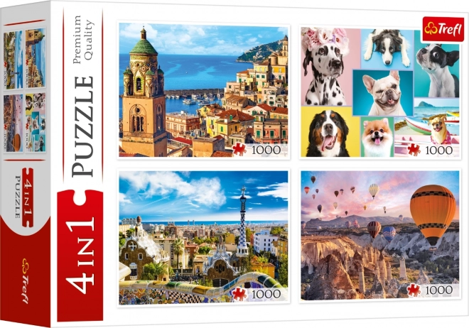 Puzzle TREFL Amalfi, Psie portréty, Balóny nad Kapadóciou a Park Güell 4x1000 dielikov