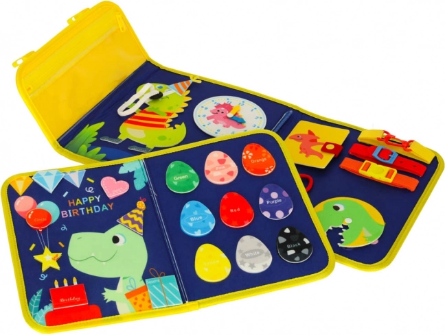 Montessori senzorická manipulačná doska s motívom dinosaura modrá