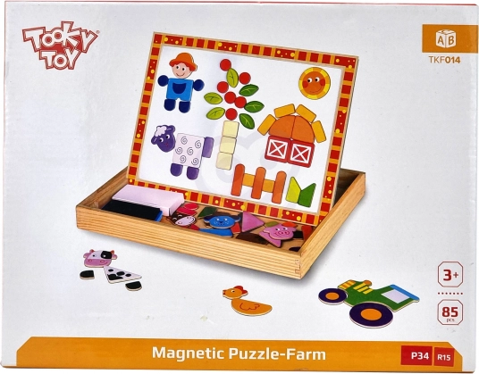 Drevená obojstranná tabuľa Tooky Toy Farma s magnetickými puzzlami