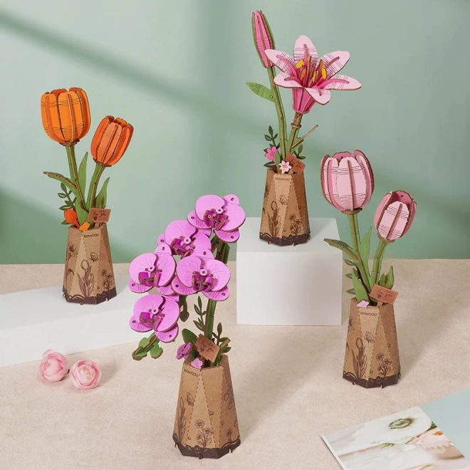 3D drevená skladačka ružový tulipán