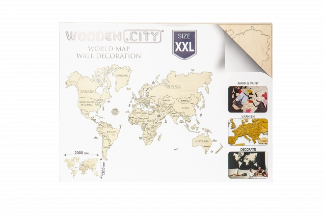 Drevená nástenná 3D mapa sveta XXL prírodné farby
