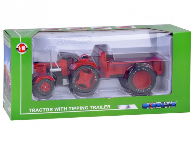 Červený kovový traktor s prívesom 1:18