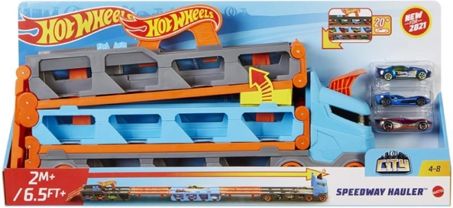Hot Wheels závodný transportér 2v1 s traťou 1,8 m a úložným miestom pre 20 autíčok