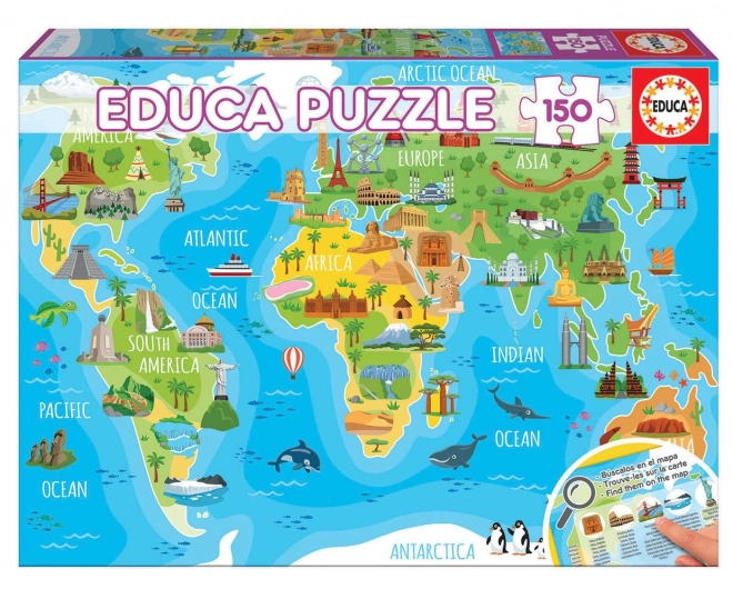 Mapa sveta s pamätihodnosťami - Puzzle 150 dielikov