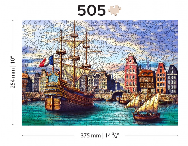 Drevené puzzle staré lode v prístave 2v1