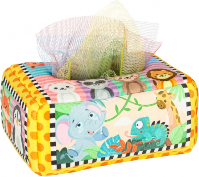 Montessori senzorický box s farebnými vreckovkami a zvieratkami