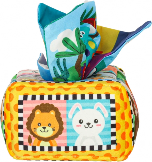 Montessori senzorický box s farebnými vreckovkami a zvieratkami