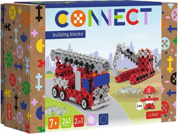 Stavebnica Connect 2v1: hasičské vozidlo a pásový bager