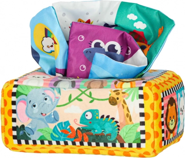 Montessori senzorický box s farebnými vreckovkami a zvieratkami