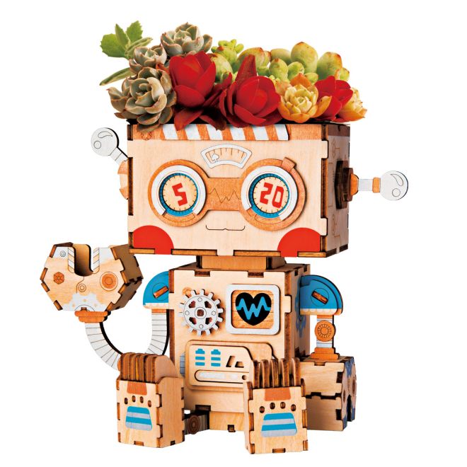 RoboTime Drevený 3D puzzle robot s kvetináčom