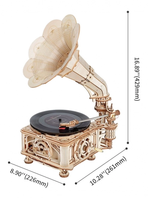 3D drevené mechanické puzzle gramofón s elektrickým pohonom