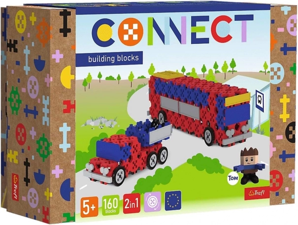 Stavebnica Connect 2v1 autobus a auto s prívesom Trefl