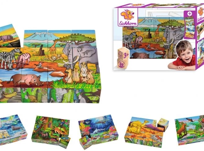 Drevené obrázkové kocky EICHHORN, 12 kociek, 6 motívov