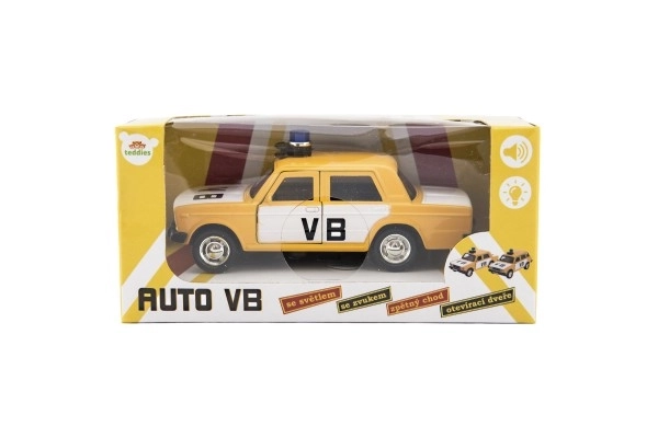 Policajné auto VB kov/plast 12 cm vysúvacie na batérie so svetlom, zvukom v krabici 15x7x7 cm