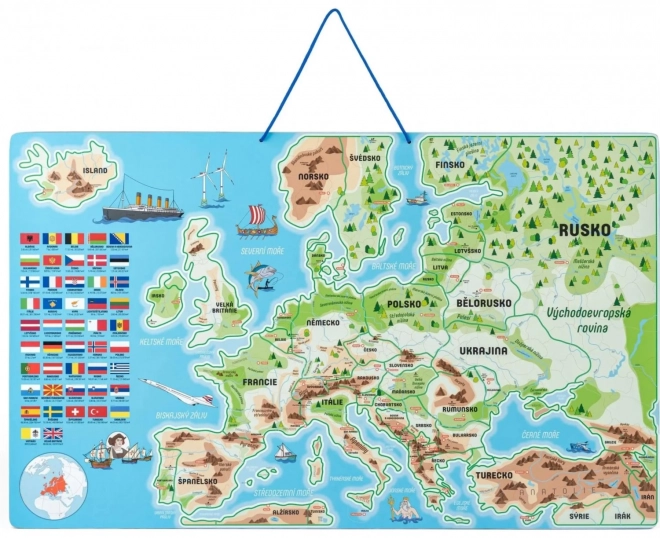 Woody magnetická mapa Európy s obrázkami a spoločenská hra, 3v1 v českom jazyku