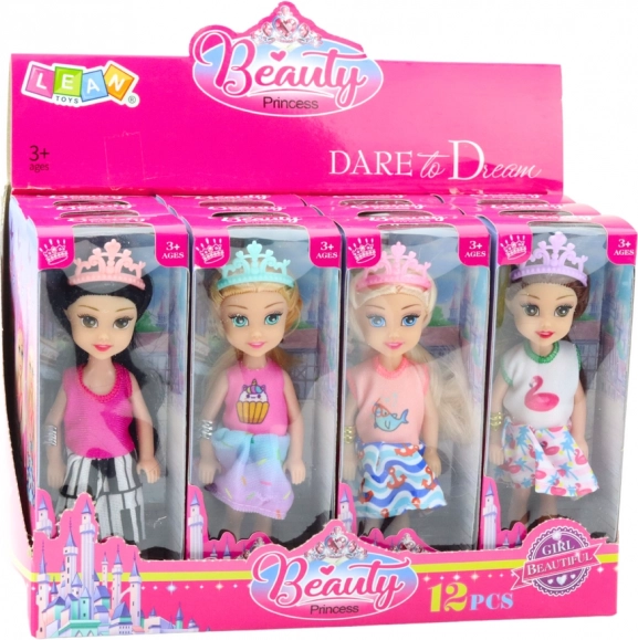 Mini bábika princezná s korunou farebné šaty 14 cm