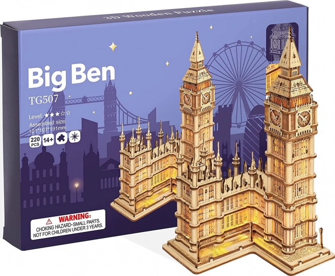 RoboTime drevené 3D puzzle vežové hodiny Big Ben svietiace