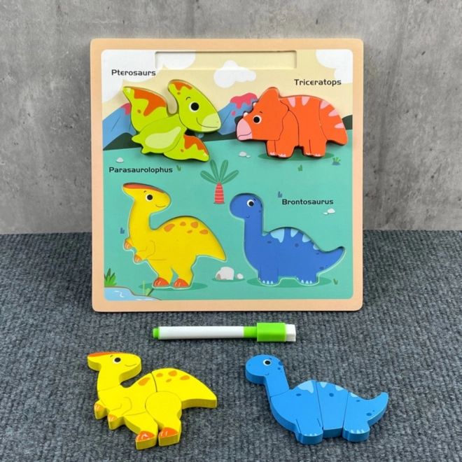 Drevená vzdelávacia skladačka Dinosaury s kresliacou tabuľou
