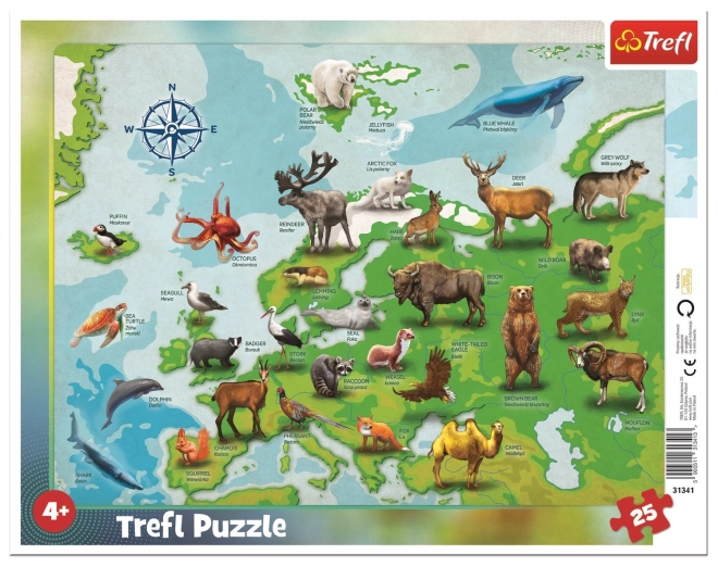 Puzzle mapa Európy so zvieratkami 25 dielikov