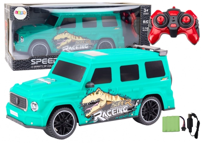 Zelené RC auto s dinosaurami