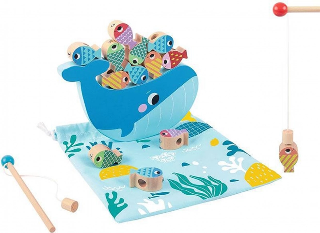 Tooky Toy Drevená Hra Veľryba a Rybky Multifunkčná 4 v 1