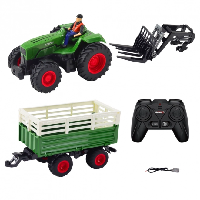 Zábavný zberateľský RC traktor s prívesom a vidlicami