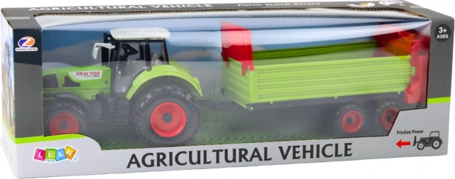 Traktor s prívesom na zotrvačník, otváracia kapota a dvere, zelený