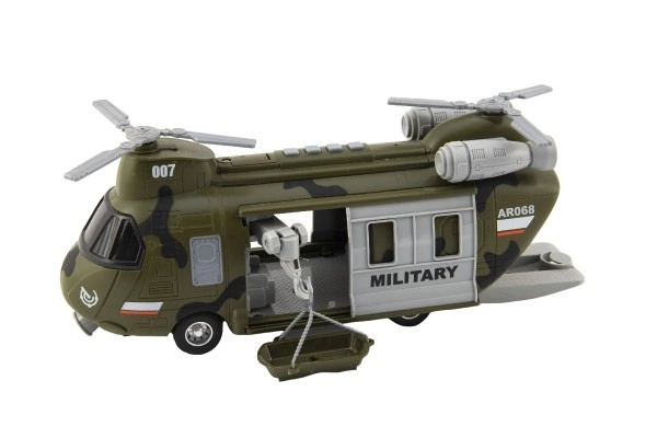 Vrtuľník/vojenská plastová 28cm helikoptéra na batérie so svetlom a zvukom v krabici 32x19x12cm