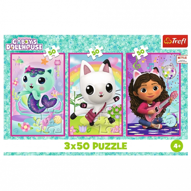 Puzzle 3x50 - spoznajte Gabby a mačičky z Gabiho domčeka
