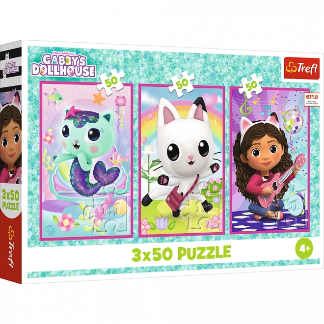 Puzzle 3x50 - spoznajte Gabby a mačičky z Gabiho domčeka