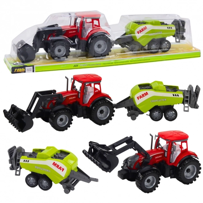Červený traktor s nakladačom a balíkovačom