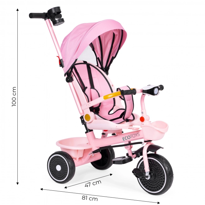 2-v-1 trojkolka s detským kočíkom s otáčavým sedadlom a skladacou strieškou v ružovej farbe od ECOTOYS