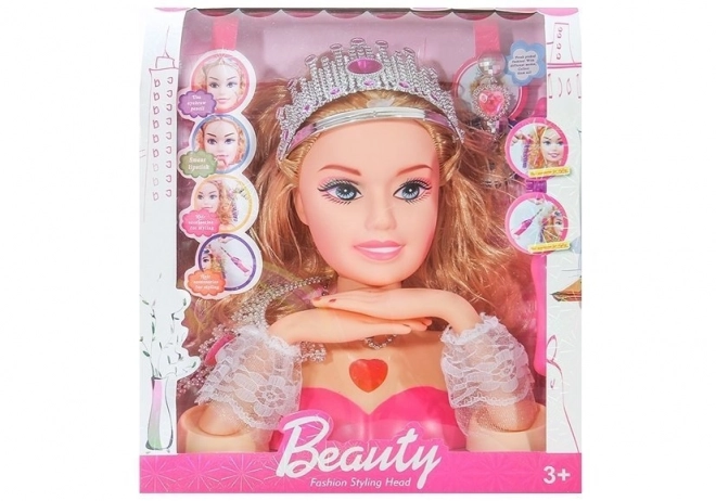 Hlava bábiky na styling s korunou a príslušenstvom
