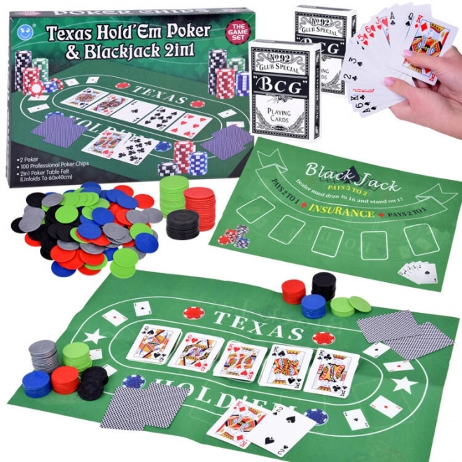 Karetná hra set 2v1 Poker a Blackjack so žetónmi, kartami a doskou