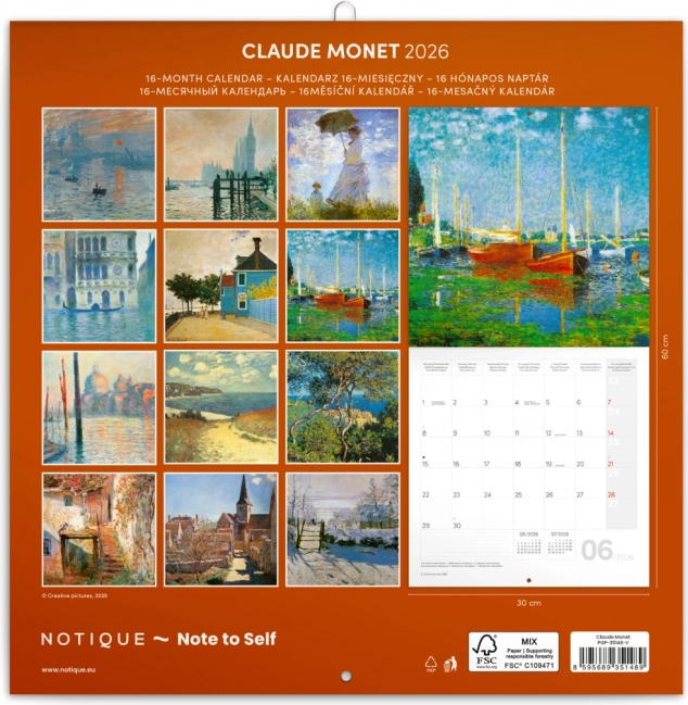 Poznámkový kalendár Claude Monet 2026, 30 x 30 cm