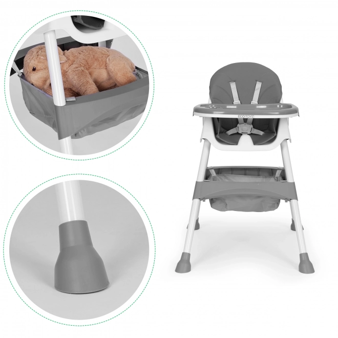 Jedálenská stolička s táckou a košom, 5-bodový pás, sivá, ECOTOYS