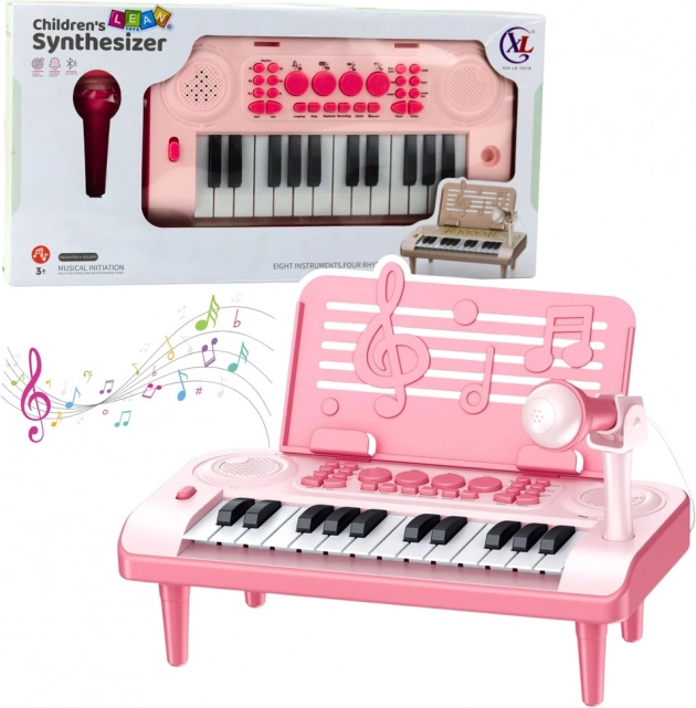 Elektronické detské pianínko s mikrofónom a stojanom na noty, ružové