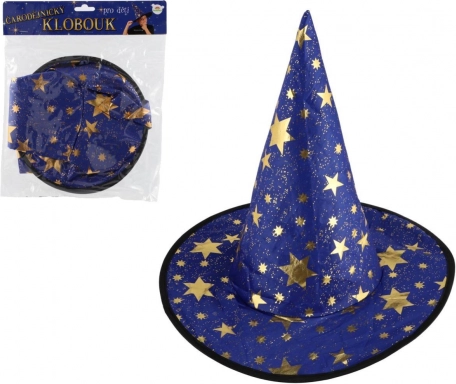 detský čarodejnícky klobúk modro‑zlatý, priemer 38 cm